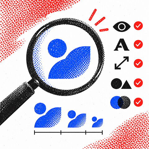 Magnifying glass examining a logo alongside checks for visual clarity, typography, scalability, shape, and color.