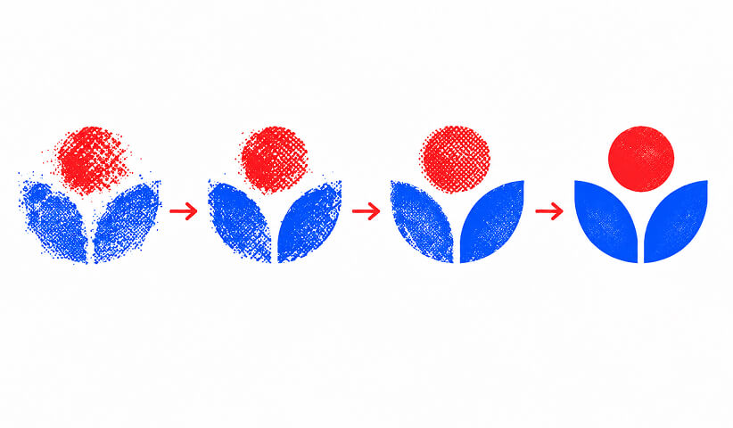 Four-stage logo evolution showing an abstract floral symbol becoming progressively cleaner, simpler, and more refined.