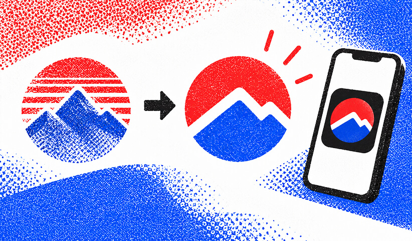 Original mountain logo transformed into a simplified modern identity and displayed as a mobile app icon.