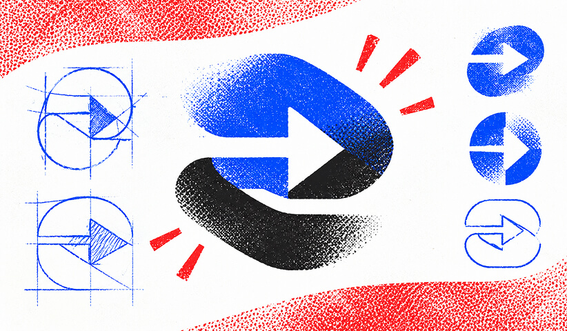 Logo development sketches surrounding a refined arrow symbol, showing the transition from geometric construction to a finished mark.