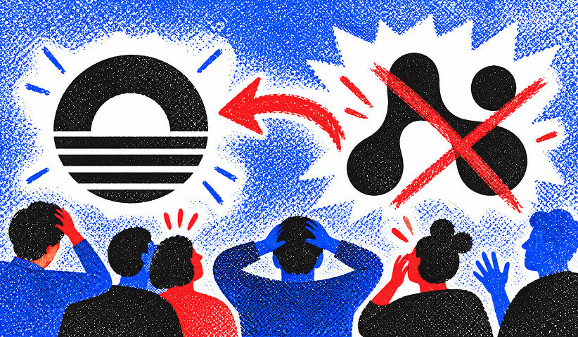 Audience reacting negatively to an unsuccessful logo redesign, with rejected concepts and visual identity problems surrounding a concerned designer.