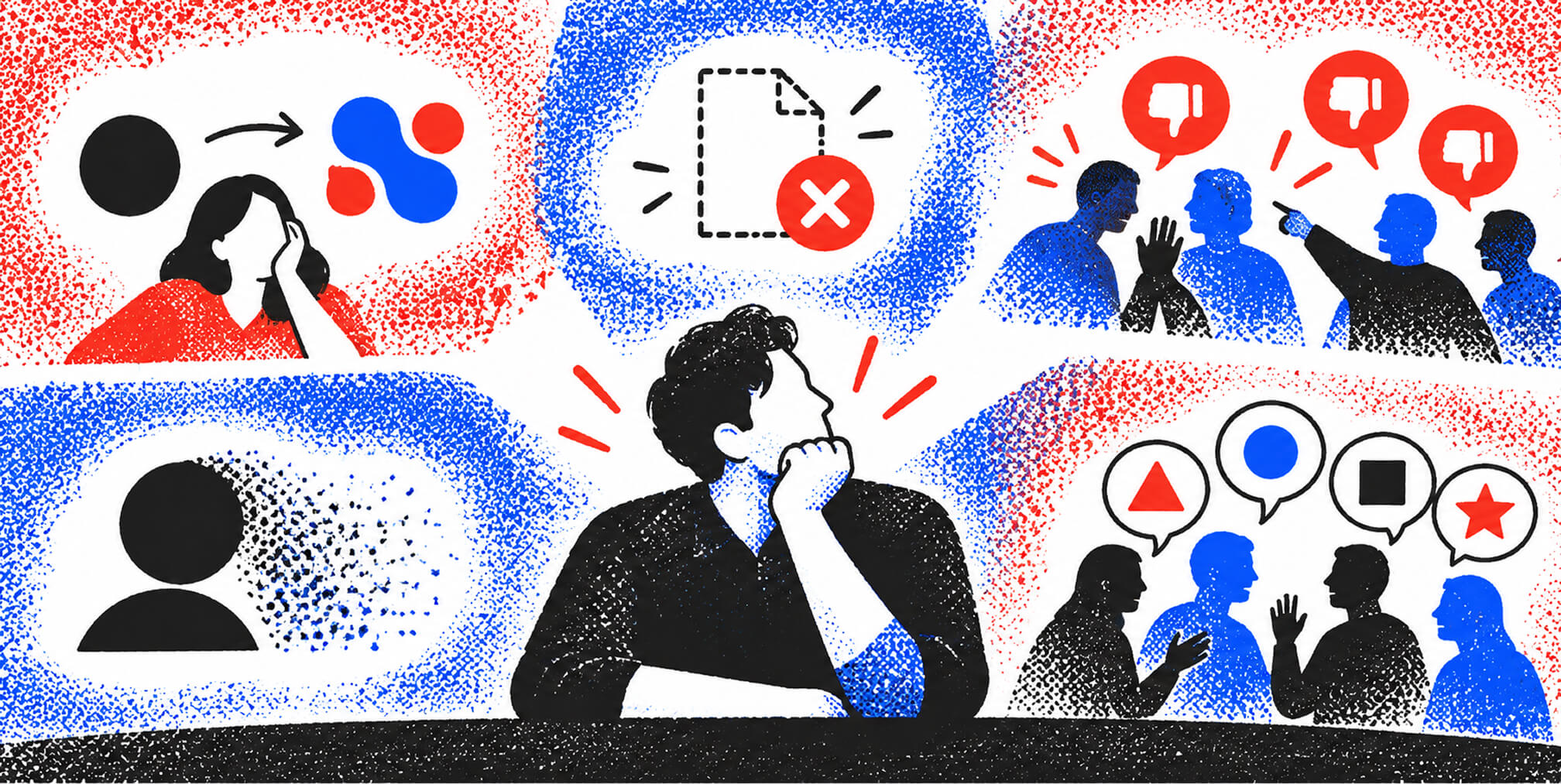 Designer evaluating logo redesign problems including audience rejection, missing brand assets, inconsistent visual direction, and negative feedback.