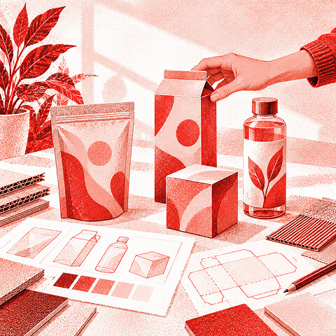 Hand evaluating branded packaging prototypes including a pouch, carton, box, and bottle alongside dielines, color swatches, and material samples.