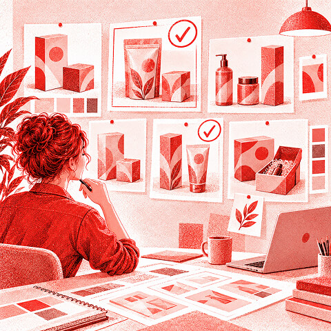 Packaging designer comparing multiple product packaging concepts pinned to a studio wall with color palettes, brand graphics, and design variations.