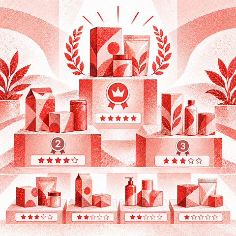 Award-style display ranking branded packaging designs across boxes, bottles, jars, and pouches based on visual quality and design performance.