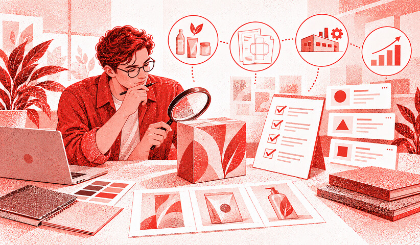 Designer inspecting a branded product box with a magnifying glass alongside packaging criteria for branding, production, and business performance.