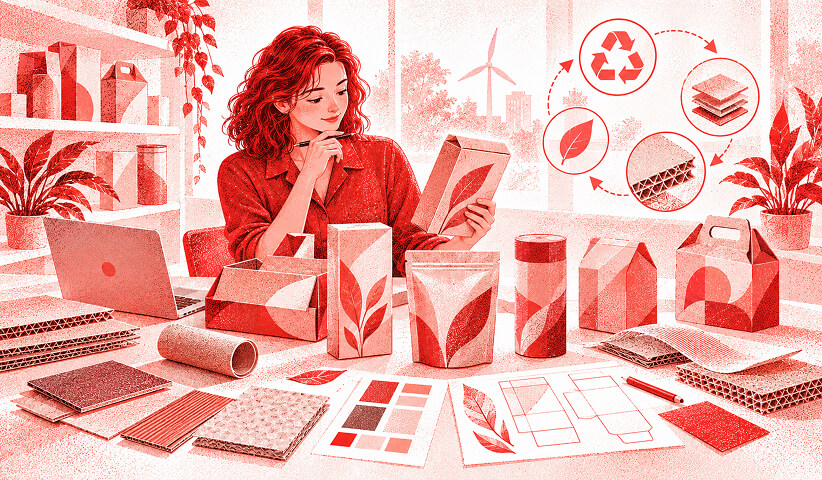Packaging designer reviewing sustainable product packaging surrounded by recyclable materials, paper samples, and circular sustainability symbols.
