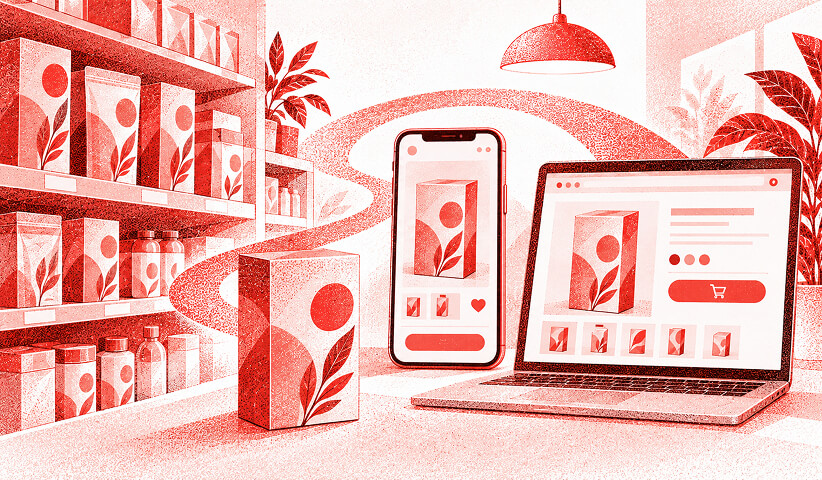 Consistent branded packaging displayed across physical retail shelves, a smartphone product page, and an ecommerce website.