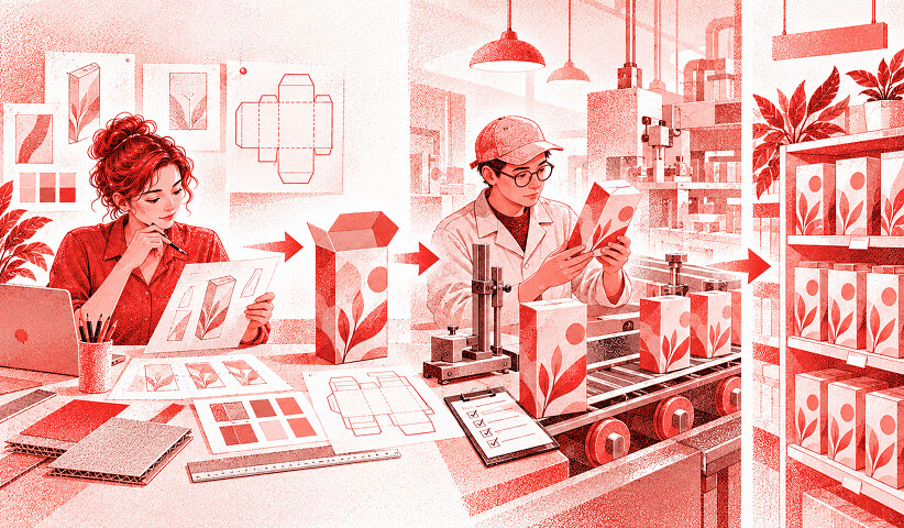 Packaging design workflow showing a concept moving from designer and dieline development through production and quality inspection to finished retail packaging.