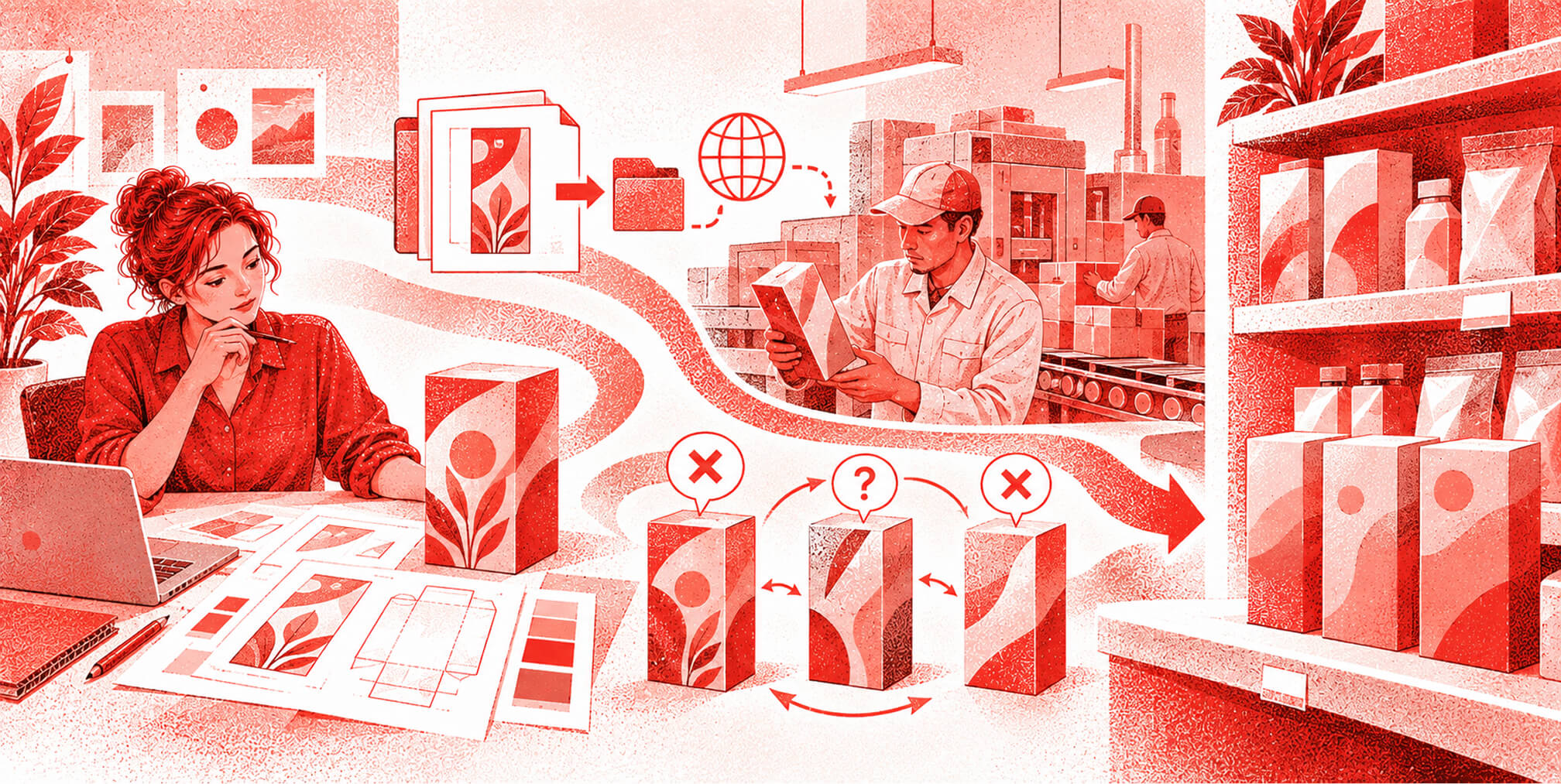 Packaging production process connecting design files with a manufacturing facility while highlighting potential inconsistencies between approved concepts and finished packaging.