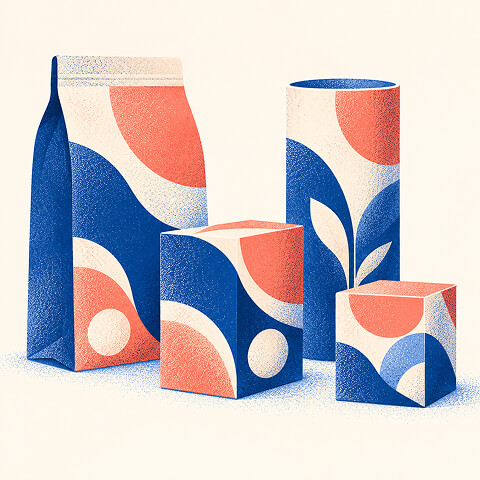 Coordinated packaging system featuring a pouch, cartons, and cylindrical container with consistent blue, coral, and cream brand graphics.