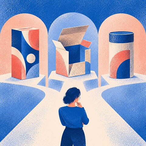 Packaging designer considering three packaging formats, including a branded carton, open box, and cylindrical container.
