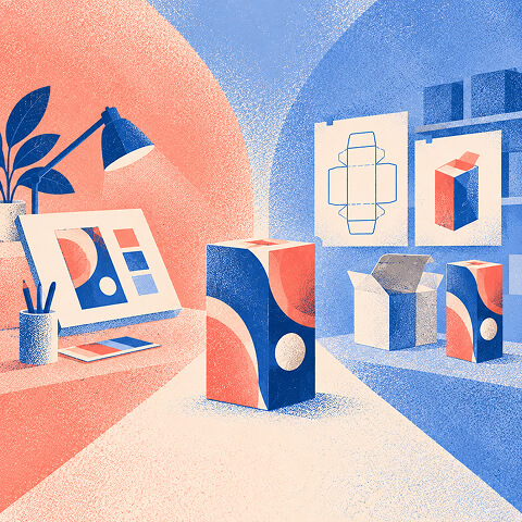 Branded product box positioned between a creative design workspace and packaging development area with dielines and prototype boxes.
