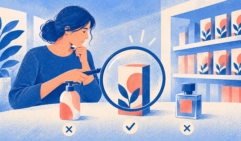 Packaging designer evaluating a branded carton with a magnifying glass while comparing it with bottle and dispenser packaging options.