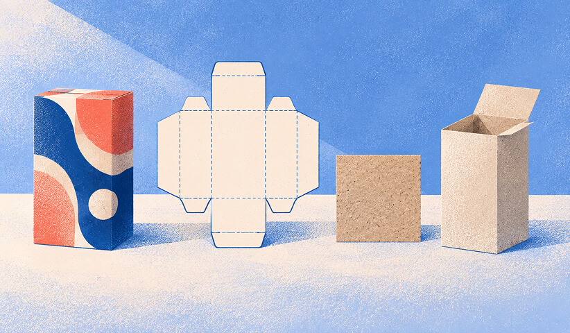 Packaging development comparison showing a finished branded carton, structural dieline, raw material sample, and unprinted box prototype.