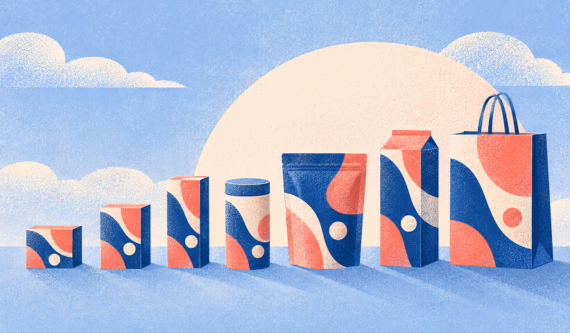 Branded packaging system scaled across boxes, cartons, cylindrical containers, pouches, and a retail shopping bag.