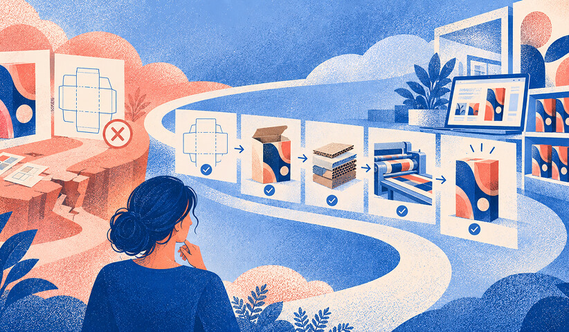 Packaging designer reviewing the production journey from dieline and prototype through materials, printing, and finished branded packaging.