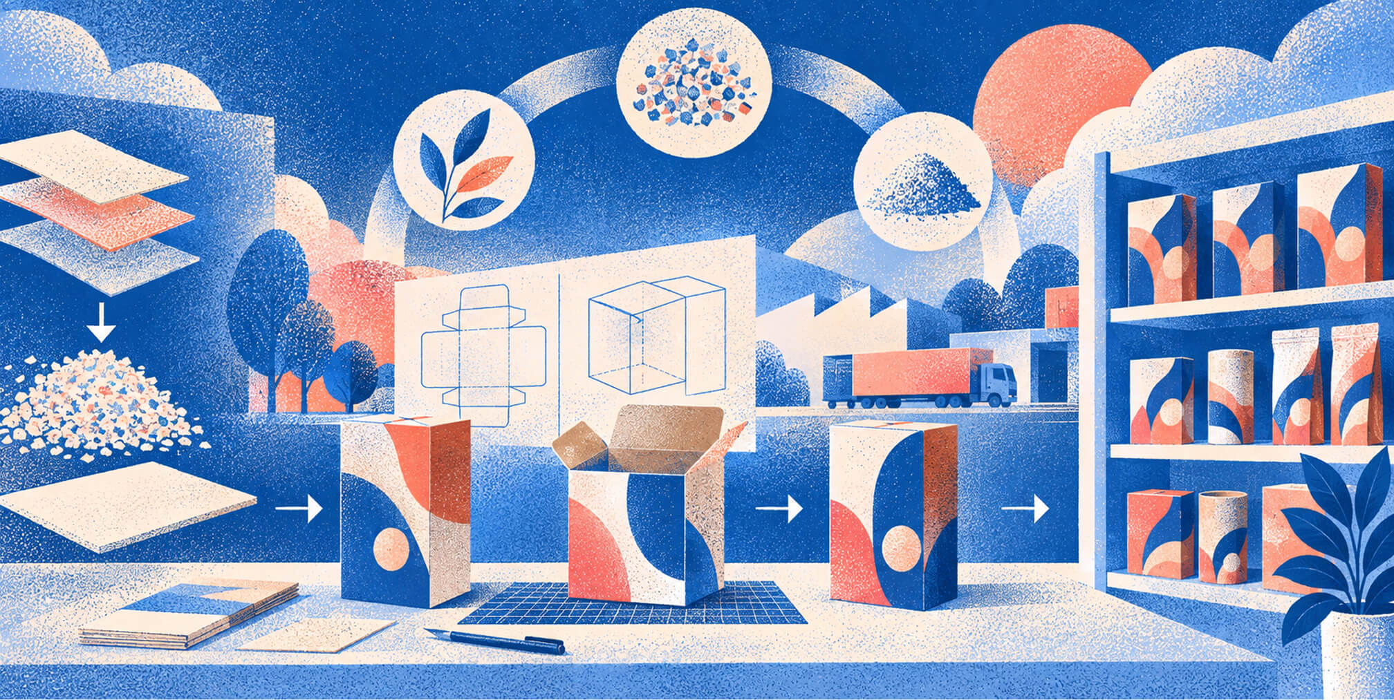 Packaging lifecycle showing raw materials, structural design, box production, manufacturing, distribution, and finished products on retail shelves.