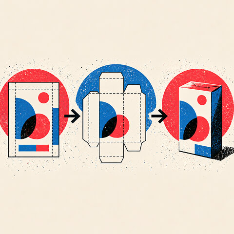 Packaging design process showing a flat branded concept transformed into a structural dieline and finished product box.