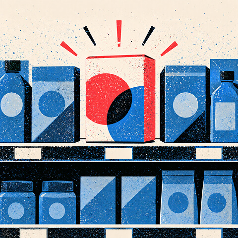 Branded product package highlighted on a retail shelf among competing bottles, cartons, and containers.