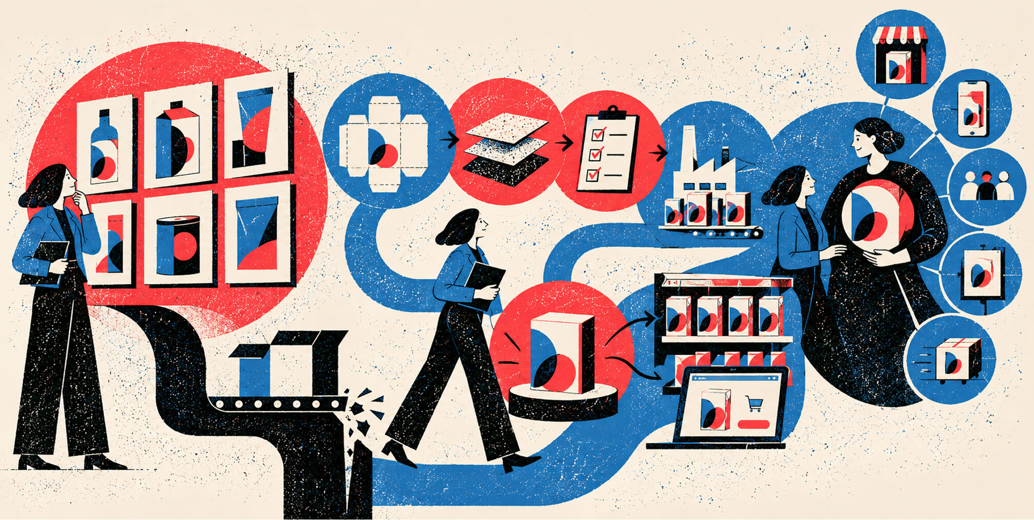 End-to-end packaging agency process connecting design concepts, structural dielines, materials, manufacturing, retail shelves, ecommerce, and customer touchpoints.