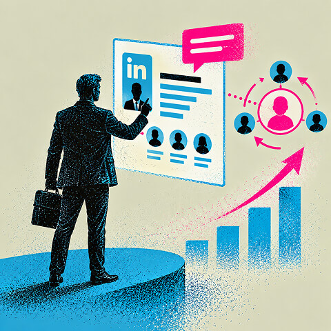 B2B professional using LinkedIn for targeted outreach and audience engagement alongside a rising growth chart.