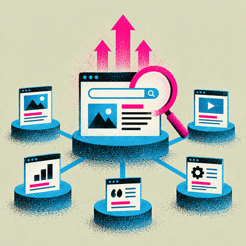 B2B content marketing ecosystem connecting a central search-optimized website with articles, video, analytics, and digital resources.