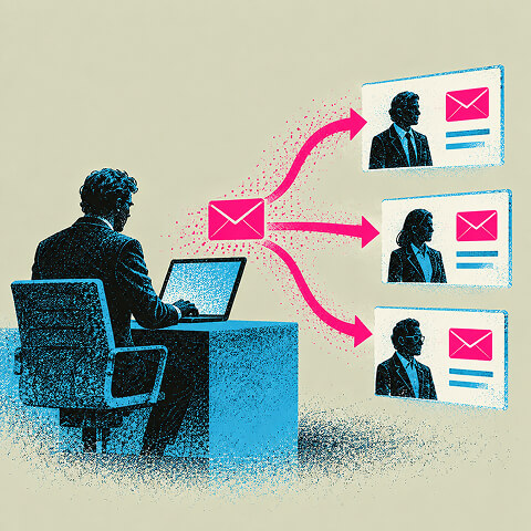 B2B marketer sending personalized email campaigns from a laptop to multiple professional prospects.
