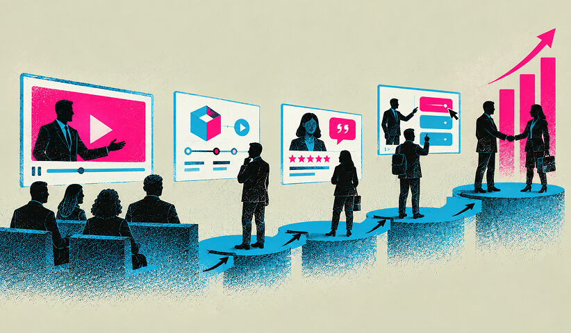 B2B buyer journey progressing from video and product content through customer reviews, digital engagement, sales conversations, and business growth.