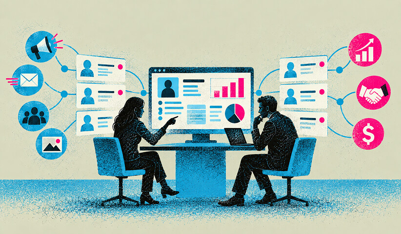 Marketing and sales team analyzing customer data from email, content, audience, and campaign channels to drive revenue and partnerships.