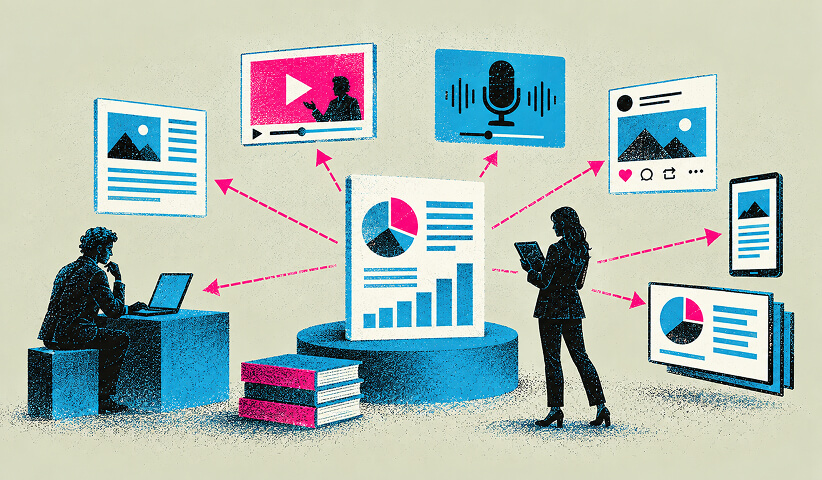 B2B content strategy distributing research and insights across articles, video, podcasts, social media, mobile, and presentation formats.