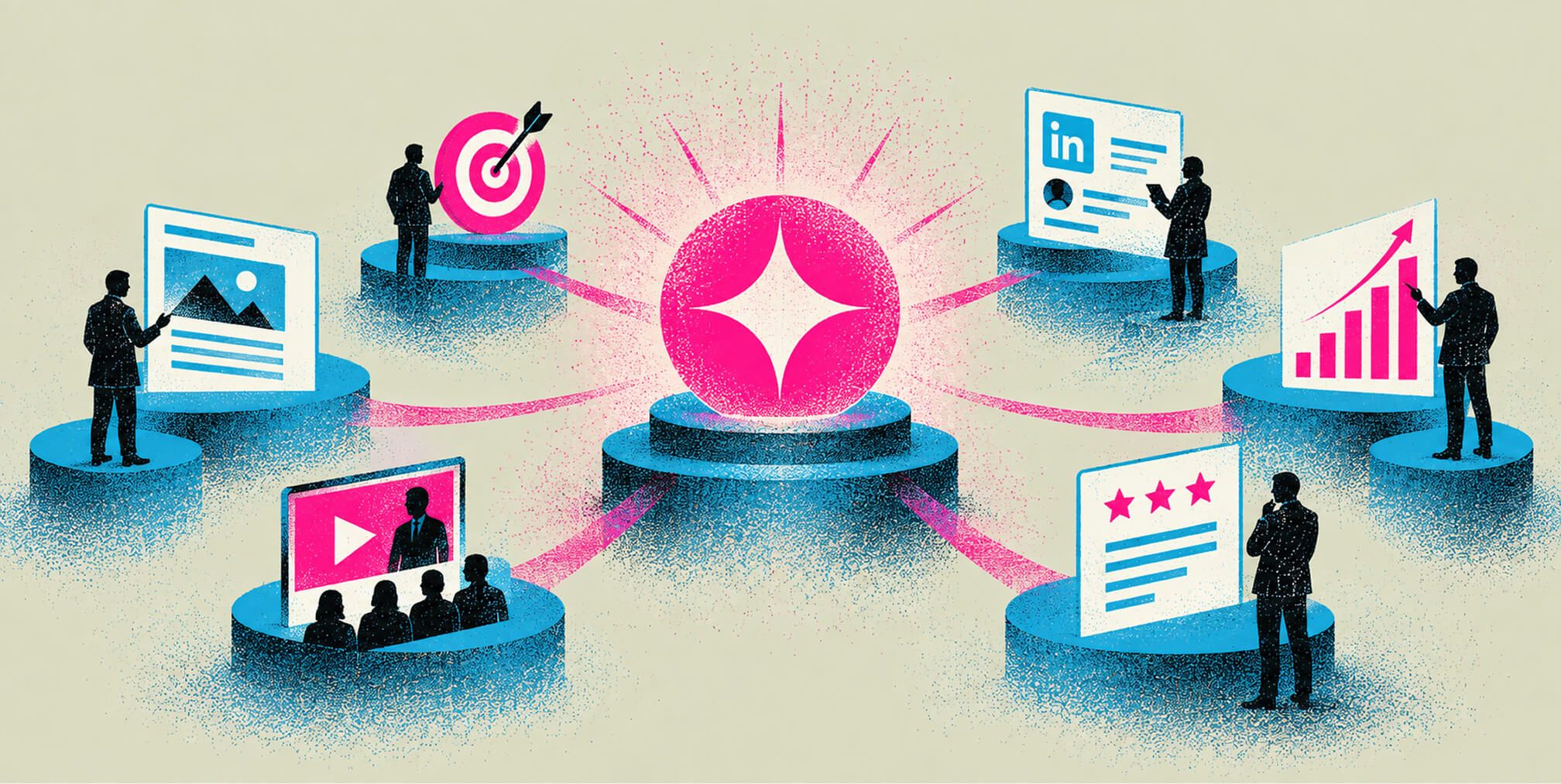 Integrated B2B marketing system connecting content, targeting, LinkedIn, video, customer reviews, and performance data around a central strategy.