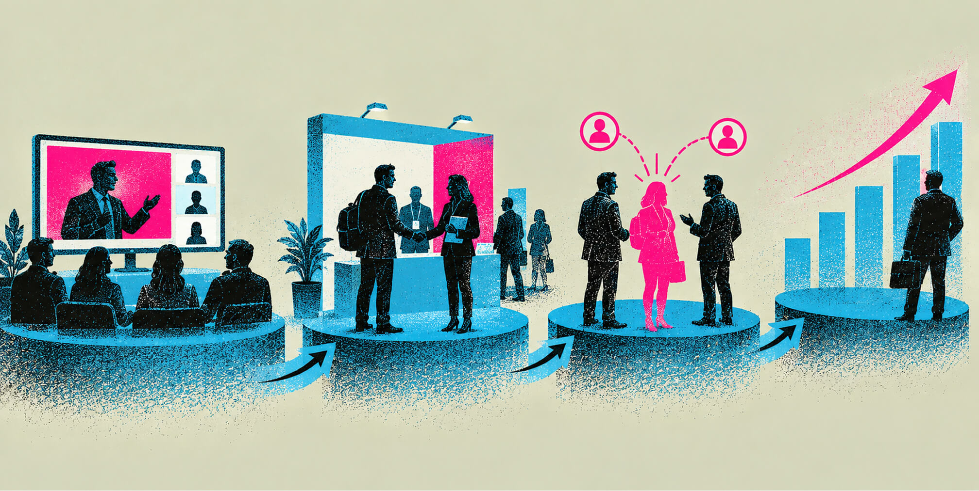 B2B growth journey moving from digital thought leadership and industry networking to relationship building, qualified leads, and measurable business growth.