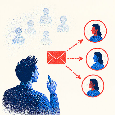 Startup marketer using targeted email outreach to connect with multiple potential customers.