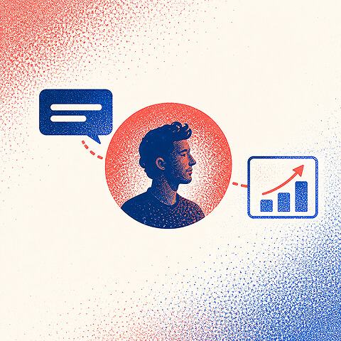 Customer-focused startup marketing illustration connecting audience communication with measurable business growth.