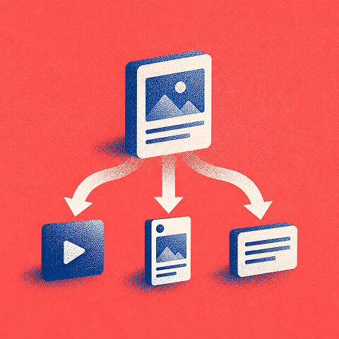 Digital content repurposing strategy showing one core piece of content distributed across video, mobile, and web formats.
