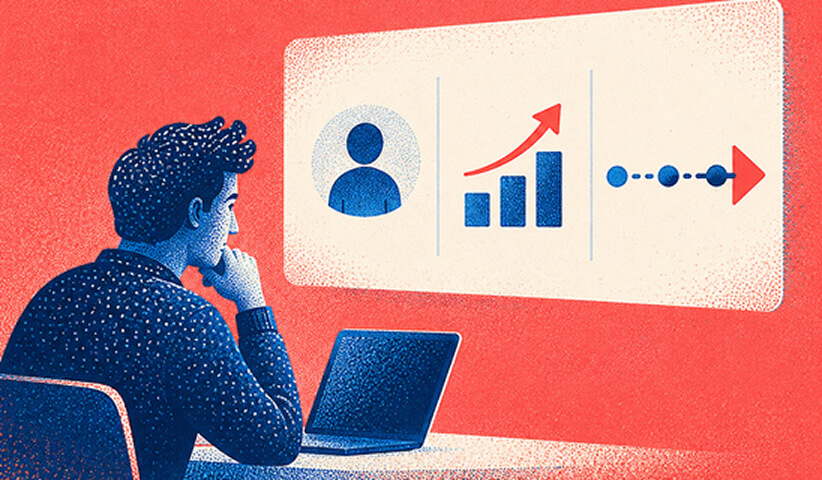 Startup marketer analyzing customer data, growth metrics, and the path toward improved marketing performance.