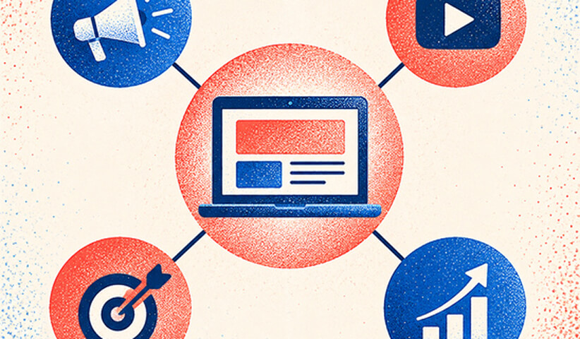 Integrated startup marketing strategy connecting a central website with content, promotion, video, targeting, and growth channels.