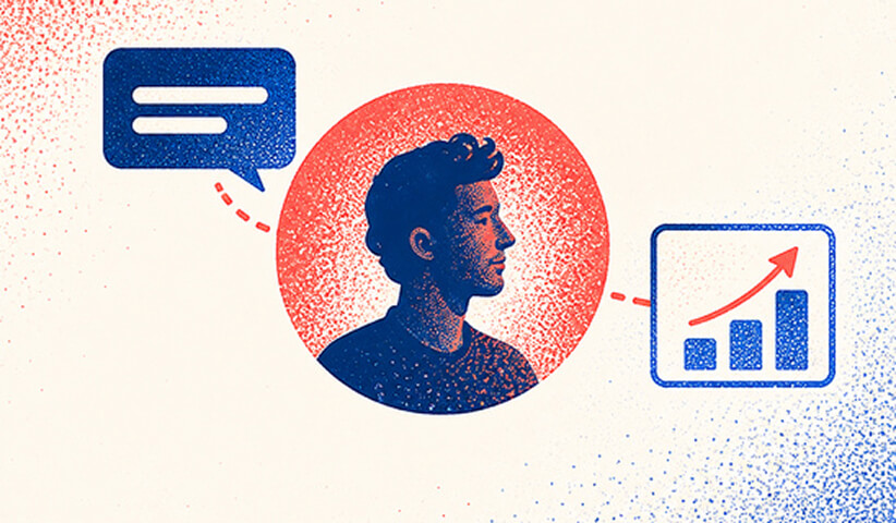 Customer-focused marketing illustration connecting audience communication and engagement with increasing business growth.