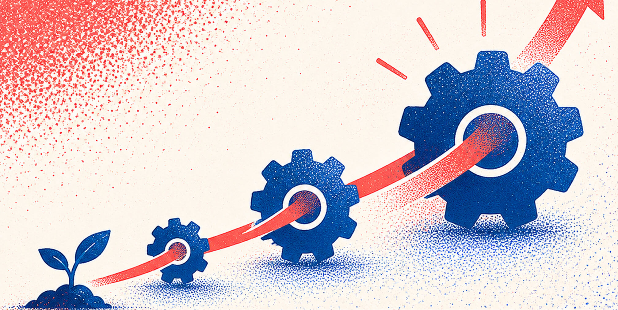 Startup growth illustration showing interconnected gears and an upward arrow representing scalable marketing systems and sustainable growth.