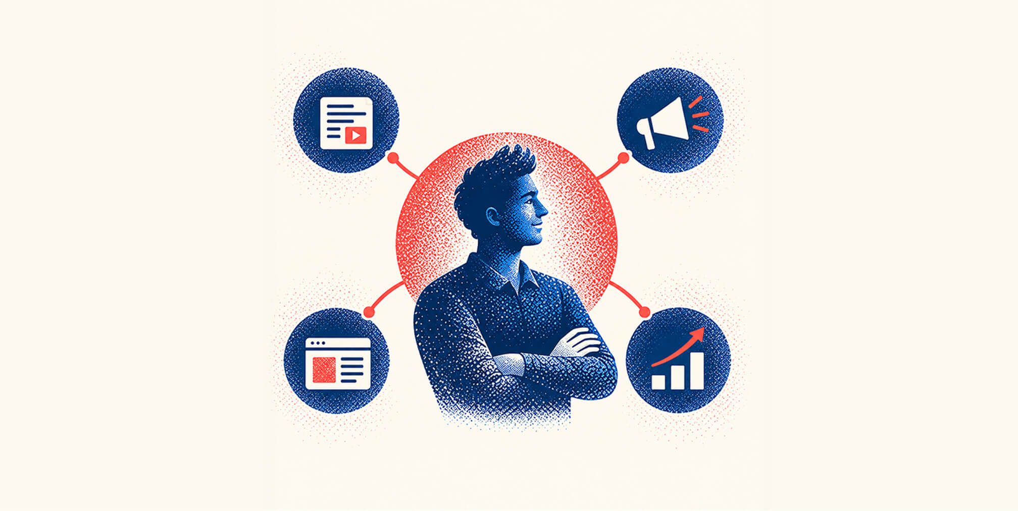 Startup marketer surrounded by connected content, website, promotion, and analytics channels representing an integrated digital marketing strategy.