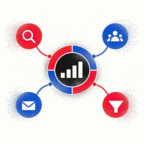 Four marketing channels connect to one shared performance measurement system.