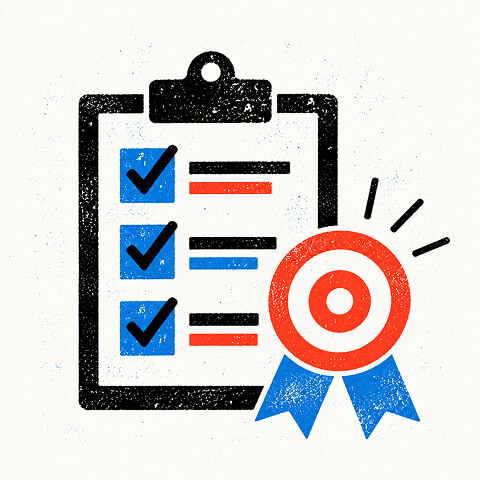Agency evaluation checklist with completed criteria and a target badge representing performance standards and strategic fit.