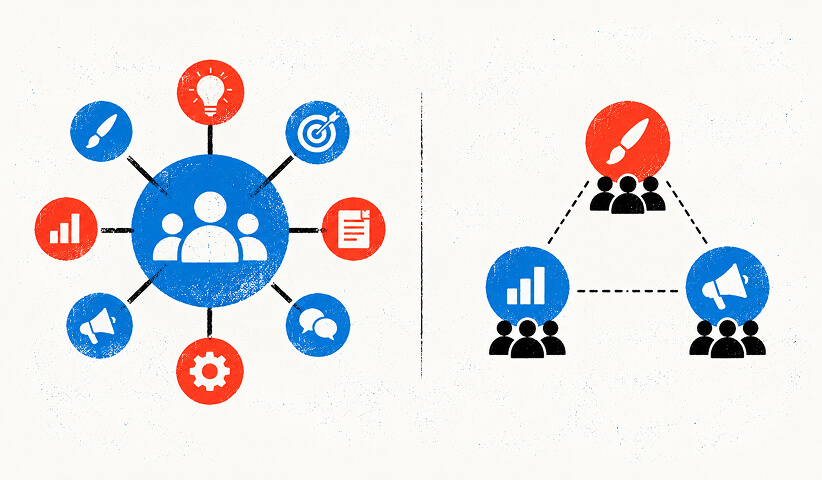 Marketing agency capabilities illustration comparing integrated services with specialized teams focused on creative, analytics, and promotion.