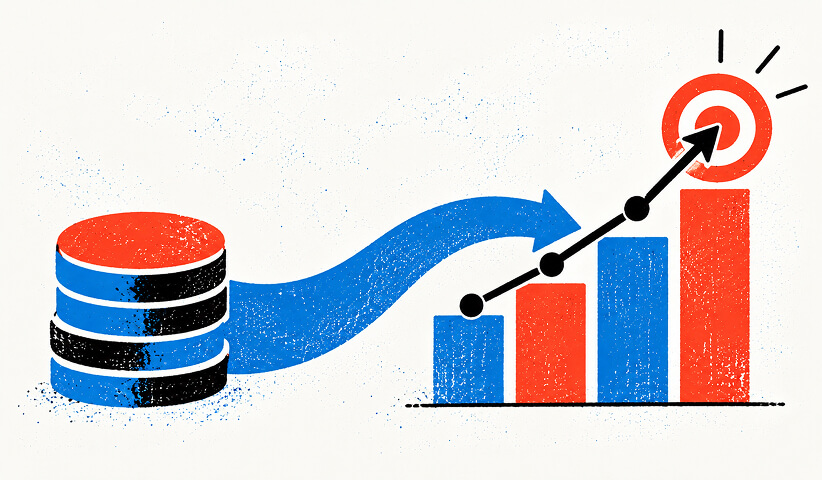 Marketing investment illustration connecting agency resources with increasing performance metrics and achievement of business goals.