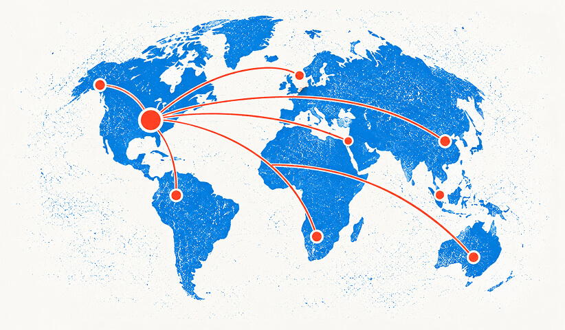 Global marketing agency illustration showing an international network of connected locations across North America, Europe, Asia, Africa, and Australia.