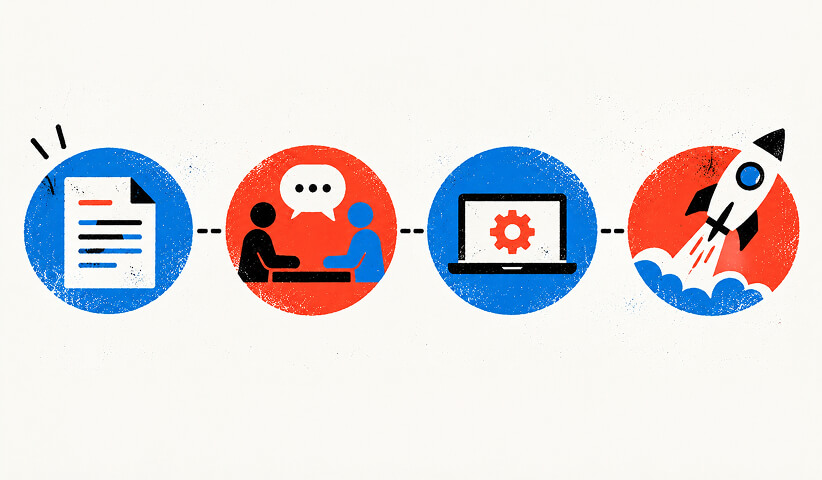 Marketing agency process illustration showing strategy, collaboration, technology, and execution leading toward business growth.