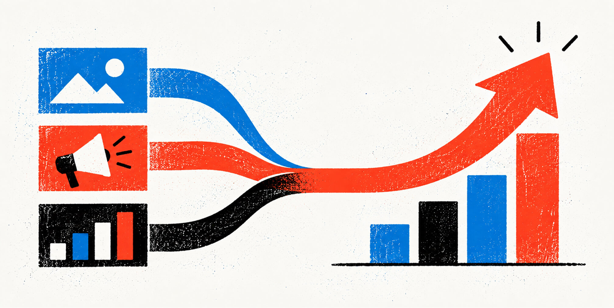 Integrated marketing channels converging into a rising performance chart, representing coordinated creative, promotion, and analytics driving growth.