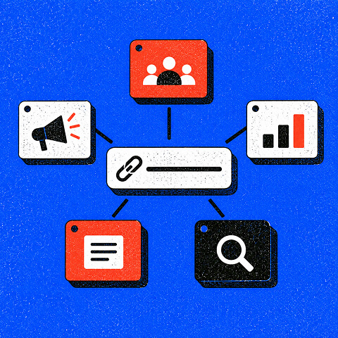 UTM link structure connected to audience, advertising, content, search, and performance tracking elements.