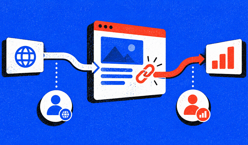 UTM tracking illustration connecting website traffic and audience data to a campaign page and measurable analytics results.